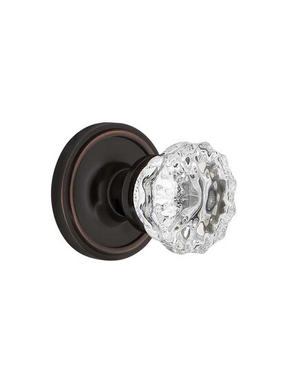 Classic Rosette Mortise Lock Set With Fluted Crystal Door Knobs in Timeless Bronze.